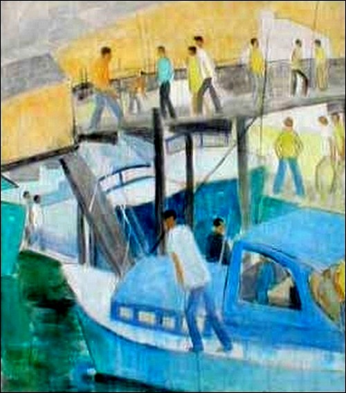 Figures on Deck of Blue Boat